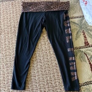 Victoria's Secret Black Leggings with Leopard Fold-Over Waistband